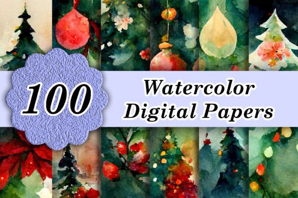 100 Watercolor Christmas Digital Papers for Festive Design