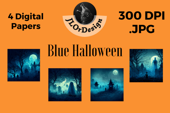 4 Blue Halloween Digital Papers for Modern Design Projects