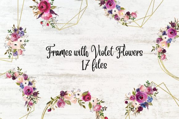 Gold Frames with Violet Flowers: Elegant Design Assets